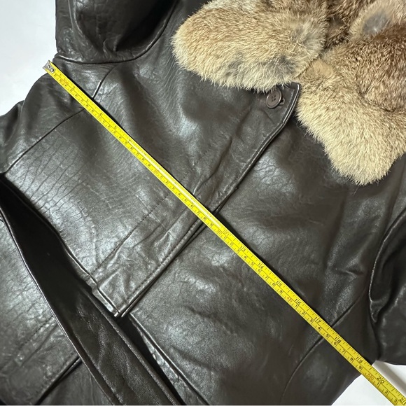 Vintage Long Leather Real Fur Collar Coat Dark Brown Womens Medium - Picture 8 of 12